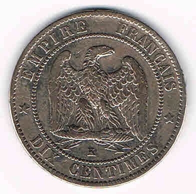 Pièce dix centimes bronze type Napoléon  III tête laurée 1862K, état de conservation T.T.B. Description : Aigle déployé, la tête à droite reposant sur foudre.