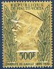 Timbre poste aérienne république de Haute-Volta, timbre dentelé gaufré sur feuille OR, valeur 500f, hommage au président général Charles de Gaulle.