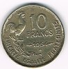 France Pièce de 10 Francs type Guiraud 1954 B, métal bronze-aluminium, Revers millésime entouré des différents, coq  debout à droite au-dessus d'une branche de laurier à gauche.