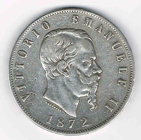 Pièce d' Italie M.L.5 BN en argent, Vittorio Emanuele II année 1872, état de conservation T.T.B.