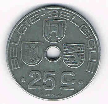 Monnaie de Belgique 25 centimes 1943 zinc, Léopold III type Jespers belgie.