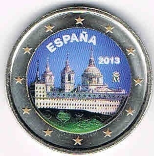 Monnaie 2 euro commémorative  colorisée Espagne, année 2013 commémorant le site et monastère de L' Escurial.