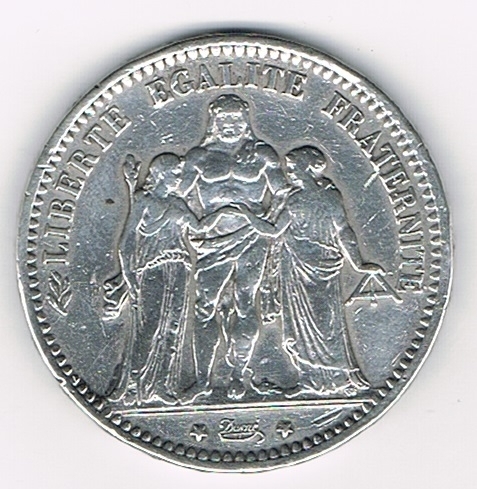 Monnaie 5 Francs argent, année 1873A Type Hercule, Avers: avec la lettre A et les étoiles plus petites, Liberté, Egalité, Fraternité