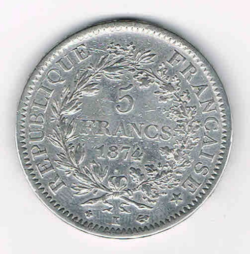 Monnaie 5 Francs argent, année 1874 K Type Hercule, Avers: Rameau, Liberté, Egalité, Fraternité.