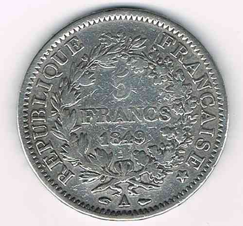 Monnaie 5 Francs argent, année 1849A. Type Hercule, Avers : Rameau, Liberté, Egalité, Fraternité.
