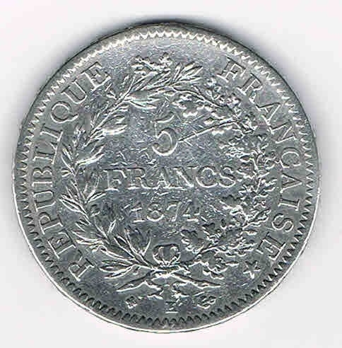 pièce de 5 francs argent hercule de 1874 K TTB 