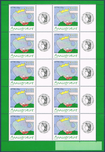 Timbres Babar Réf 3927A. Mini-feuille gomme brillante de 10 timbres anniversaire.  Bande dessinée 75 ans de l éléphant Babar.