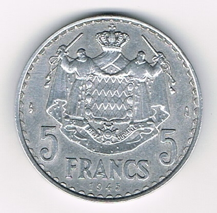 Pièce 5 Francs1945 Louis II Prince de Monaco. Avers: Armoiries de la Principauté de Monaco. état superbe.