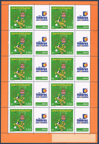 Timbres pour anniversaire personnage de bande dessinée. Bloc feuillet gommé de 10 timbres, avec logo de la poste T.T.P.