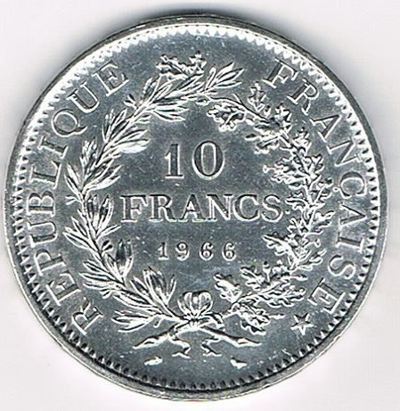Pièce de 10 Francs argent 1966 Hercule debout tranche en relief
