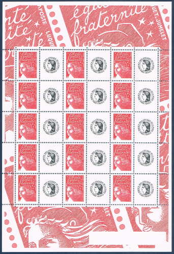 Timbres petite feuille, type Marianne de Luquet attenants à une vignette personnalisée, logo Céres N° 3417a papier mat très blanc.