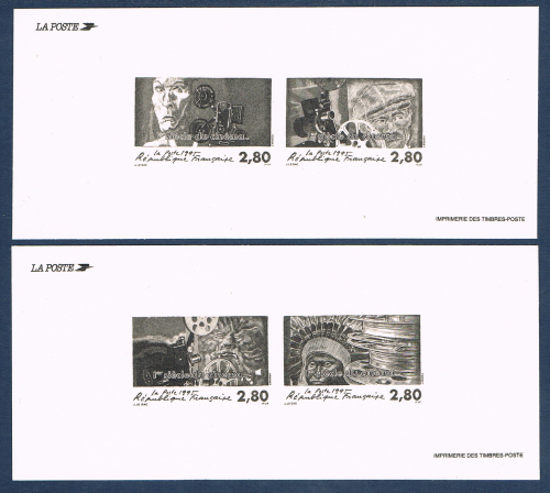 Gravure des timbres poste. Description: série 1er siècle du cinéma, timbres émis uniquement en feuillet N° 17, la série des 2 gravures.