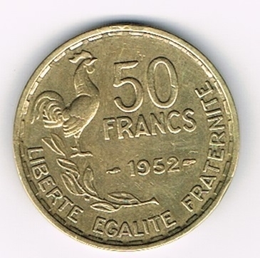 Pièce 50 Francs 1952. G Guiraud. description:  50 Francs millisime encadré des différents; coq debout à droite au-dessus d'une branche de laurier vers la gauche.