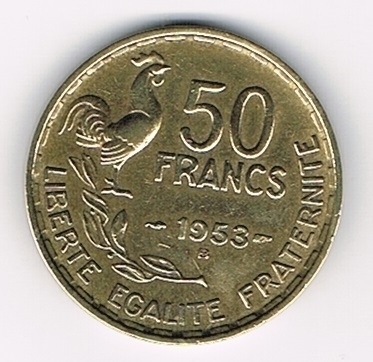 Pièce ancienne Georges Guiraud 50 Francs 1953B rare Coq