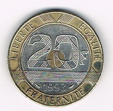 Pièce 20 Francs Mont Saint - Michel. 1993  bronze-aluminium. Description: Vue  du Mont Saint-Michel et son reflet  dans la mer.