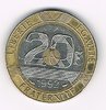 Pièce 20 Francs Mont Saint - Michel 1992, au revers, le haut de la bordure forme un V ouvert et sous la faciale, deux stries dépassent au lieu de quatre. Lot N° 2