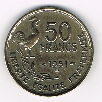 Pièce 50 Francs bronze 1951B Georges Guiraud Coq debout