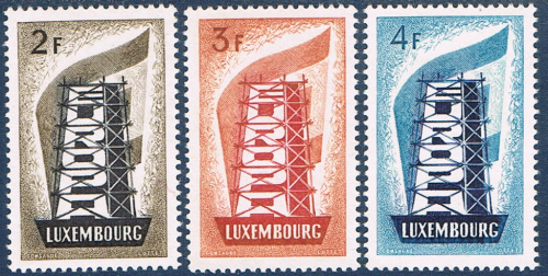 Timbres Europa Luxembourg 1956. Réf: Yvert et Tellier N° 514 à 516 les trois valeurs neuves**. Description : 2 f. brun, 3 f .rose et grenat, 4 f. bleu foncé et bleu.