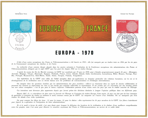 Timbres de France Europa sur document philatélique avec oblitérations 1er jour 1970. Réf  1637 / 1638 les deux valeurs.