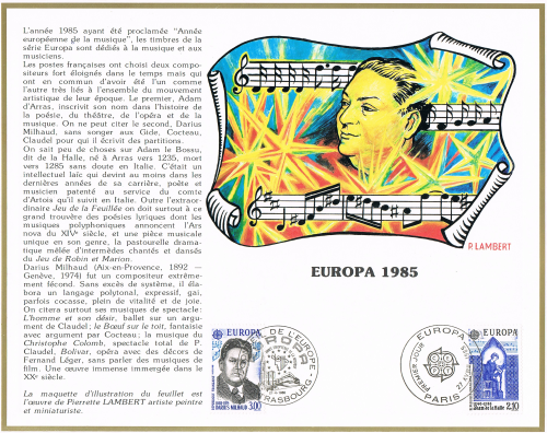 Timbres de France Europa sur document philatélique avec oblitérations 1er jour 1985. Réf 2366 / 2367, les deux valeurs.