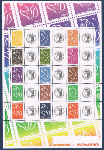 Timbres type Marianne de Lamouche 2006 avec légende Phil@poste au lieu d' I.T.V.F. émis  en feuille de 15 timbres  attenants chacun à une  vignette personnalisée  logo Cérès ou T.T.P.