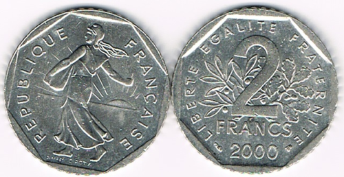 Monnaie Française: 2 Francs semeuse nickel. Date 2000. Tranche cannelée. Description: la République à gauche, sous les traits d'une semeuse drapée. Offre spéciale.