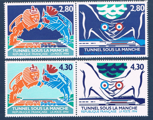 Timbres émission commune France1994, pochette composée de 4 timbres de France neufs**. N° 2880 0 2883. Description: Inauguration du tunnel sous la Manche.