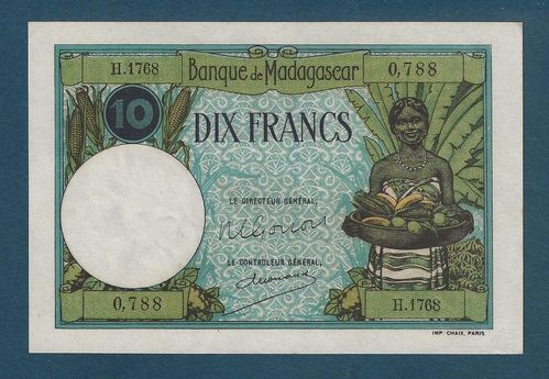 Billet Madagascar 10 Francs série non daté femme en filigrane