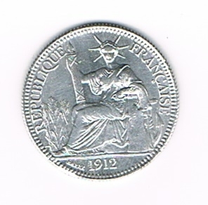 Monnaie Indochine, pièce 10 centimes  argent 1912A. année très rare,  tranche striée, livrée sous pochette plastique.