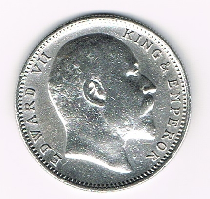 Monnaie Edward V II King & Emperor, pièce 1 one rupee india argent 1906, état superbe, sous pochette plastique.
