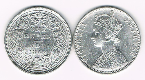 PIÈCE 1862 Reine Victoria Pièce 1 ONE RUPEE INDIA  Argent Très rare
