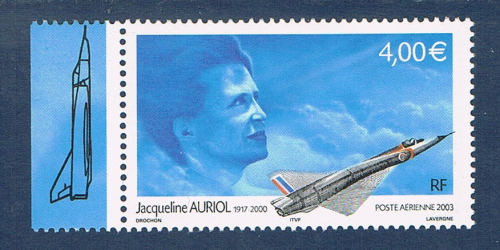 Timbre poste aérienne de feuillet avec  bord de feuille illustré, émis en 2003.  Réf Yvert & Tellier N° 66a neuf. Description: Hommage à l'aviatrice Jacqueline Auriol,  avec bord de feuille illustré.