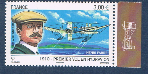 Timbre poste aérienne de feuillet avec bord illustré, émis en 2010. Réf: Yvert & Tellier N°73a. Description: Premier vol en hydravion. Henri Fabre.
