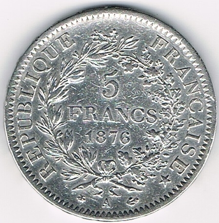 Pièce de monnaie Française de 5 Francs argent type Hercule émise en 1876A. Description: Hercule barbu demi - nu debout de face avec la léonté, sur son épaule gauche.