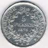 Pièce de monnaie Française de 5 Francs  argent type Hercule émise en 1873A. Description: Hercule barbu demi - nu debout de face avec la léonté, sur son épaule gauche.