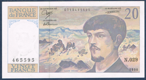 Billet Français type 20 Francs Debussy émis en 1990 état neuf. Description:  Banque de France valeur en chiffres 20.N° de contrôle 0712465595.