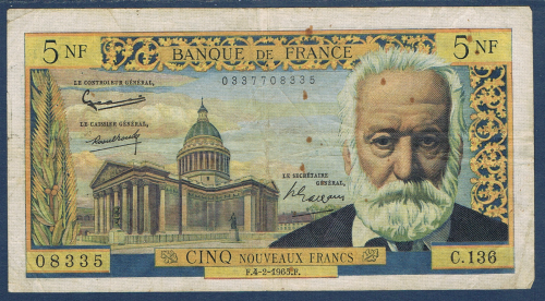 Billet Français type 5 nouveaux Francs Victor Hugo émis en F.4 -2-1965. F. état T.T.B. Description: Banque de France en chiffres 5 NF. N° de contrôle 0337708335.