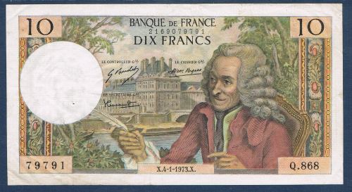 Billet Français type 10 Francs Voltaire émis en  X.4 -1 - 1973.X. état SPL. Description: Banque de France valeur en chiffres 10. N° de contrôle 2169079791.