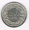 Pièce de monnaie 2 Francs Suisse-Helvetia, année de frappe 1974. Description: Couronne de fleurs et de divers feuilles de chêne des alpes.