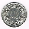 Pièce de monnaie 1 Francs Suisse-Helvetia, année de frappe 1970. Description: Couronne de fleurs et de divers feuilles de chêne des alpes.
