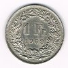 Pièce de monnaie 1 Francs Suisse-Helvetia, année de frappe 1969 B. Description: Couronne de fleurs et de divers feuilles de chêne des alpes.