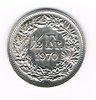 Pièce de monnaie 1/2 Francs Suisse-Helvetia, année de frappe 1970, tranche cannelée. Description: Couronne de fleurs et de divers feuilles de chêne des alpes.