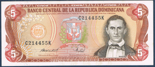 Billet de banque centrale de la république Dominicana, de cinco pesos oro, année de frappe 1988. N° de contrôle C214455K état neuf, stock limité.