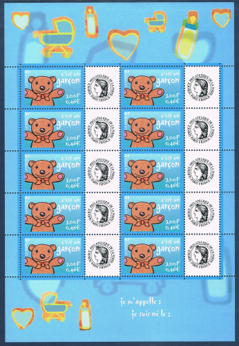 Timbres poste émis en feuille de 10 timbres avec vignettes attenantes type Cérès. Réf: Yvert & Tellier N°3431. Timbres pour naissances c'est un garçon.
