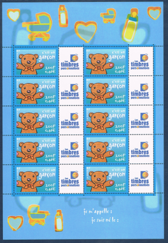 Timbres poste émis en feuille de 10 timbres avec vignettes attenantes type T.T.P. Réf Yvert & Tellier N° 3431, Description: Timbres pour naissances c'est un garçon.