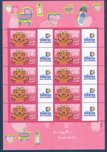 Timbres poste émis en feuille de 10 timbres avec vignettes attenantes type T.T.P. Réf  Yvert & Tellier N° 3432. Description: Timbres pour naissances c'est une fille.