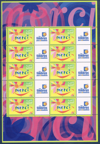 Timbres poste émis en feuille de 10 timbres avec vignettes attenantes type T.T.P. Réf Yvert & Tellier N° 3433. Description: Timbres de message merci.