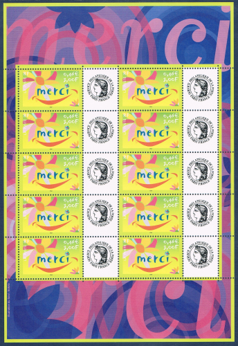 Timbres poste émis en feuille de 10 timbres avec vignettes attenantes type Cérès. Réf Yvert & Tellier N° 3433. Description: Timbres de message merci.