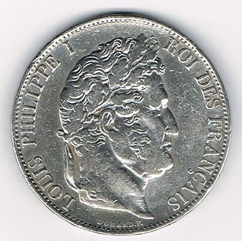Pièce de monnaie Française 5 Francs argent Louis Philippe  Ier - tête coiffée d'une couronne. année de frappe 1845BB. Description: Louis Philippe roi des Français.