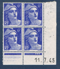 Timbres poste de France bloc de quatre timbres avec coin daté du 11. 7. 45 neuf. Réf Yvert & Tellier N° 720 type Marianne de Gandon, bloc intact.